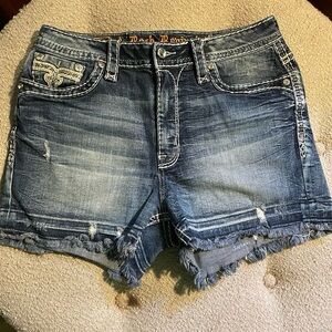 Rock Revival Dark Blue Frayed Jean Shorts